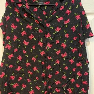 Torrid Black Blouse with Red Skull Cherry Pattern